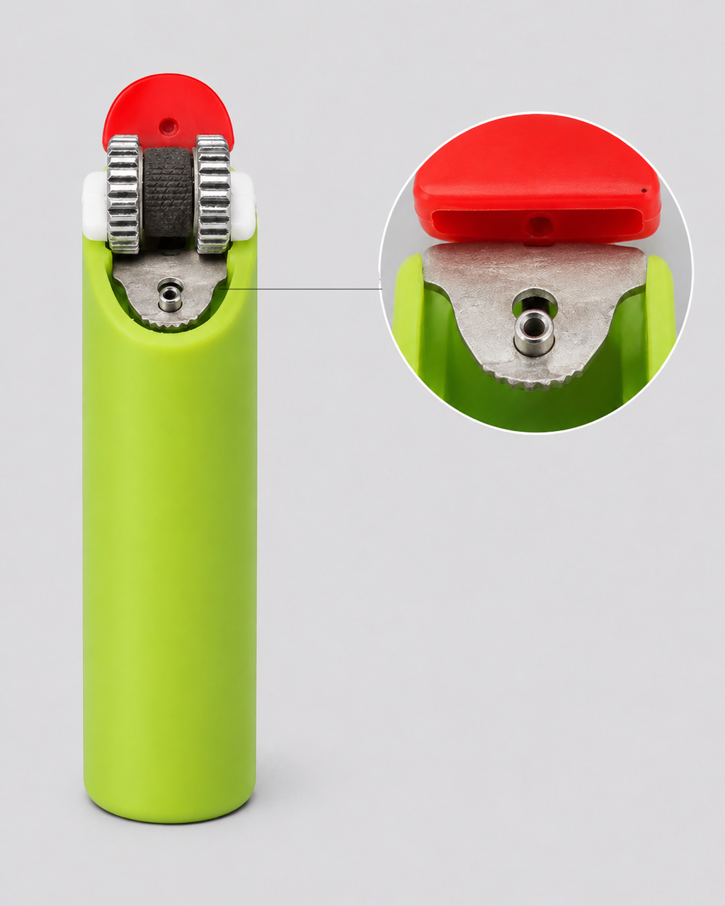 LIGHTERVORO J6 disposable lighter ignition button and top mechanism close-up