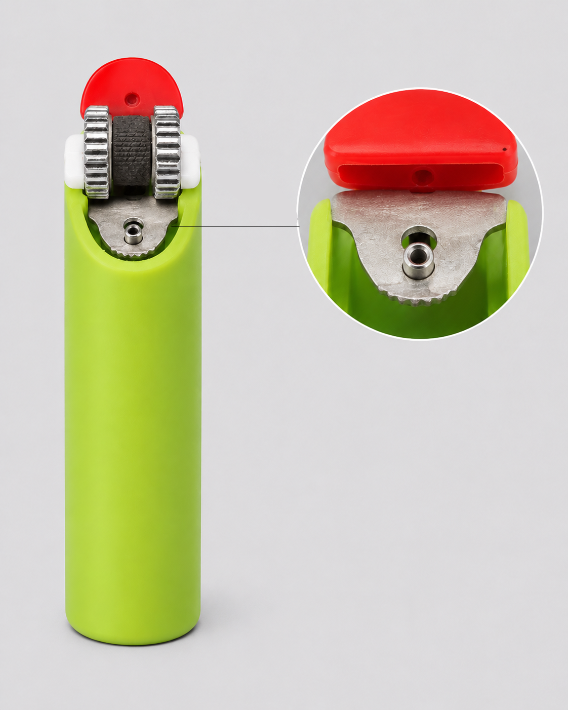 LIGHTERVORO J6 disposable lighter ignition button and top mechanism close-up