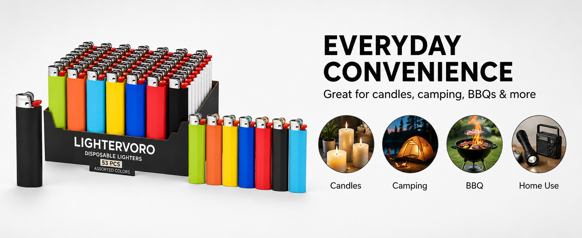 LIGHTERVORO J6 disposable lighters 53-piece assorted color pack for candles, camping, BBQ and home use