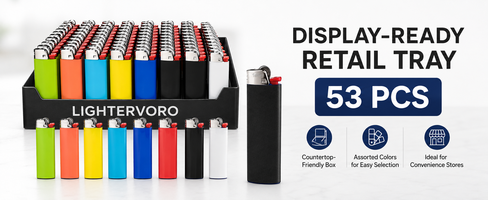 LIGHTERVORO J6 disposable lighters display-ready retail tray with 53 pieces and assorted colors for convenience stores