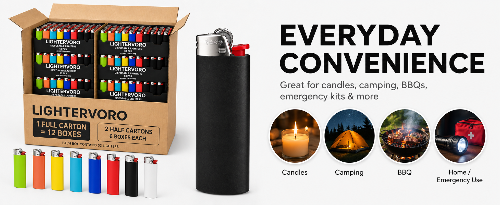 LIGHTERVORO J6 disposable lighters full carton for candles, camping, BBQs, emergency kits and everyday use