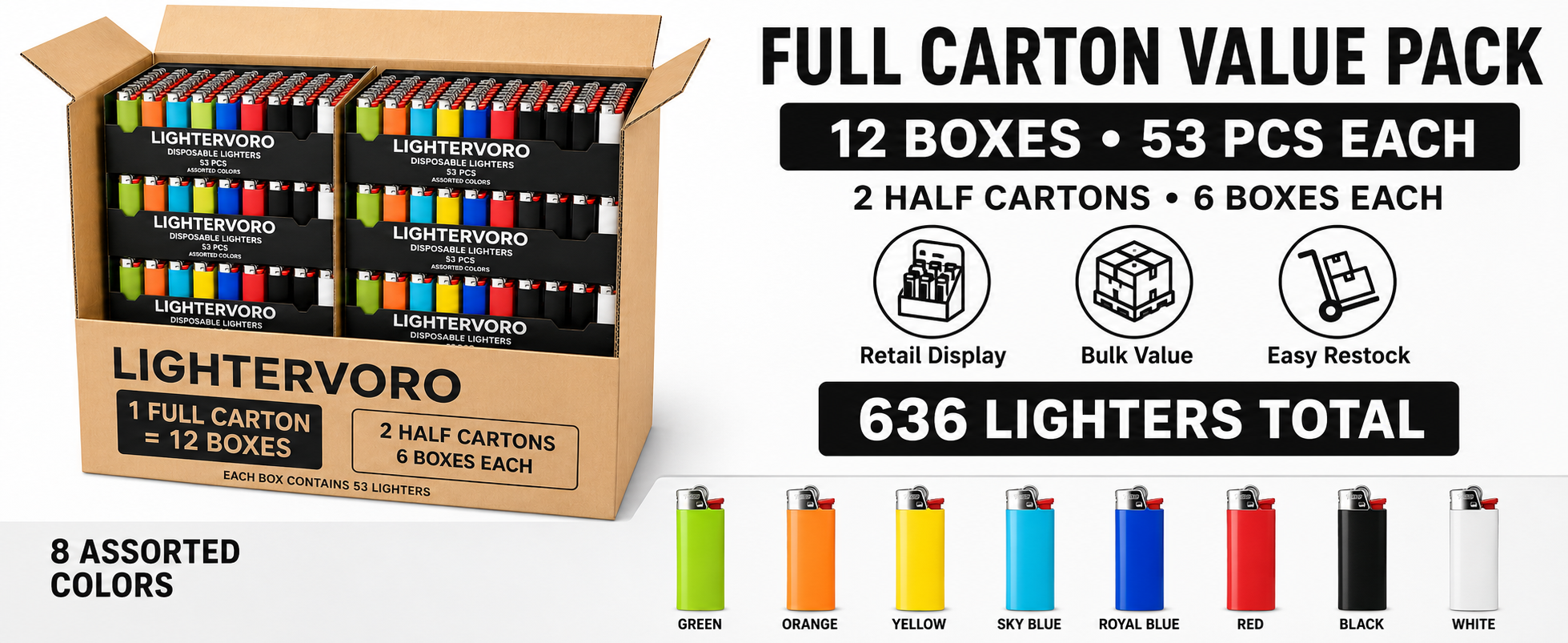 LIGHTERVORO J6 disposable lighters full carton value pack with 12 boxes, 636 total pieces and 8 assorted colors