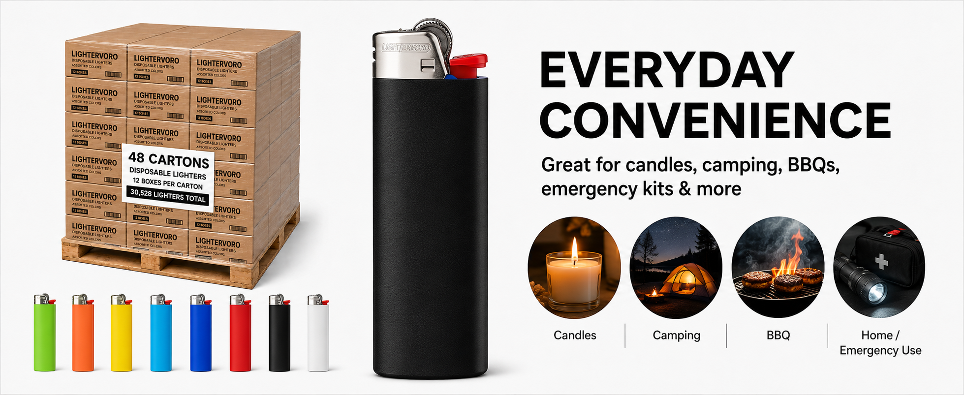 LIGHTERVORO J6 disposable lighters full pallet pack for candles, camping, BBQs, emergency kits and everyday use
