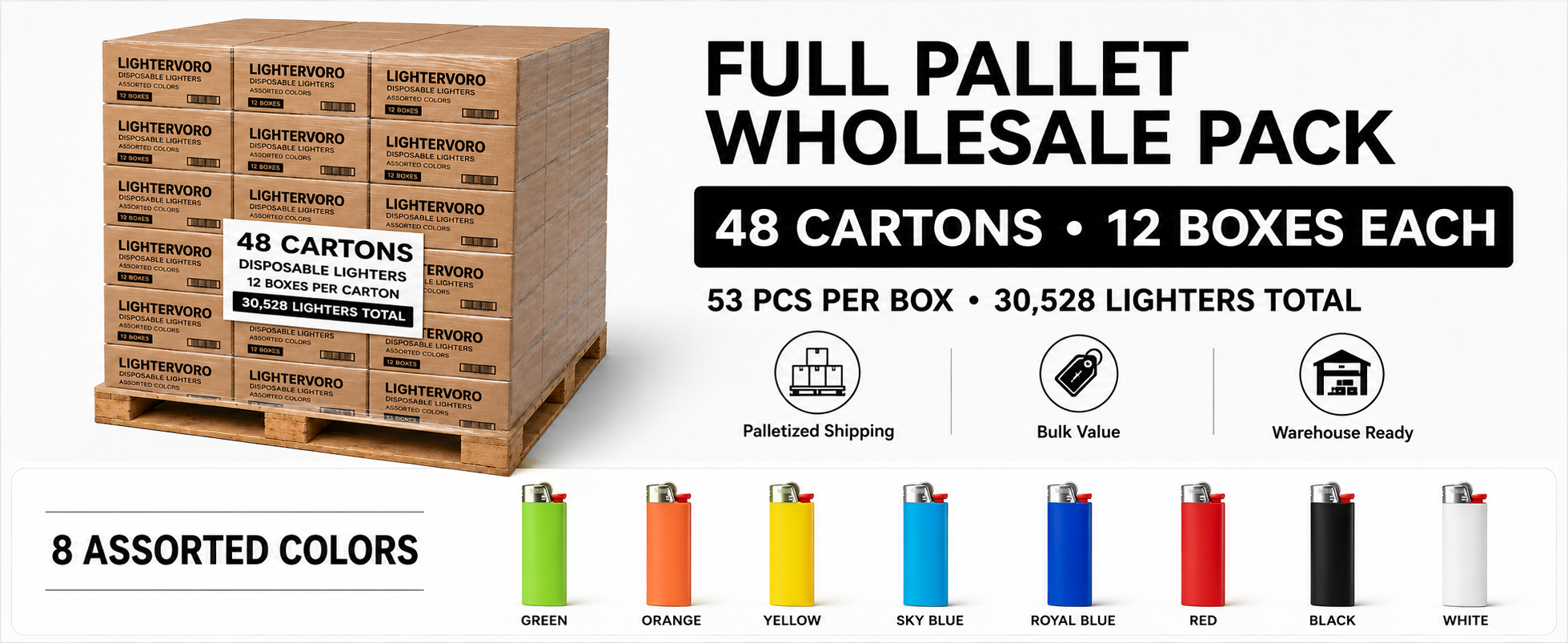 LIGHTERVORO J6 disposable lighters full pallet wholesale pack with 48 cartons, 12 boxes each and 30,528 total lighters