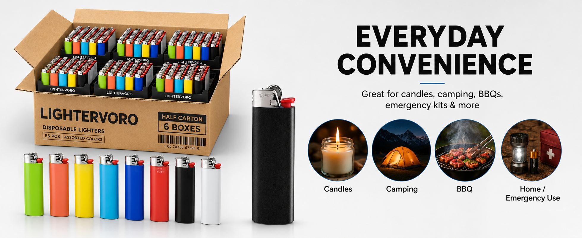 LIGHTERVORO J6 disposable lighters half carton pack for candles, camping, BBQs, emergency kits and everyday use