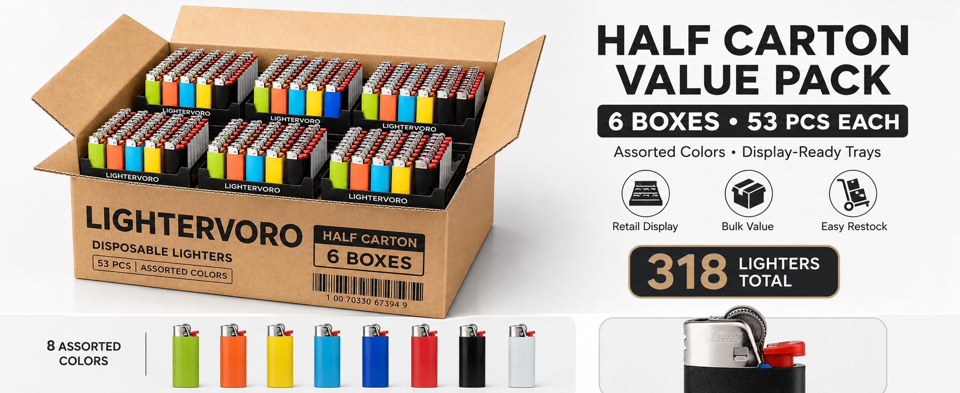 LIGHTERVORO J6 disposable lighters half carton value pack with 6 boxes, 53 pieces each and 318 total lighters