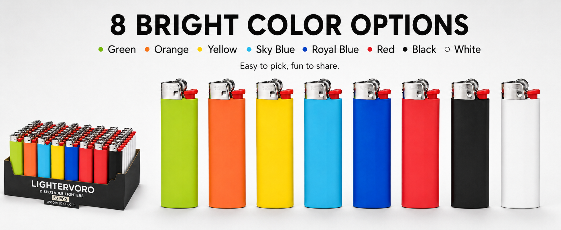 LIGHTERVORO J6 disposable lighters in 8 bright assorted colors including green, orange, yellow, blue, red, black and white