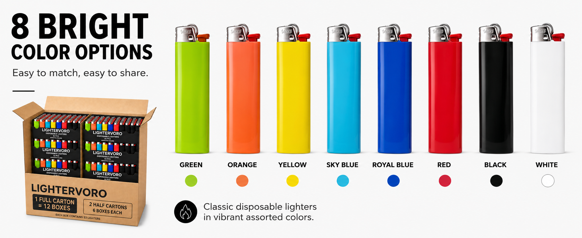LIGHTERVORO J6 disposable lighters in 8 bright assorted colors including green, orange, yellow, blue, red, black and white