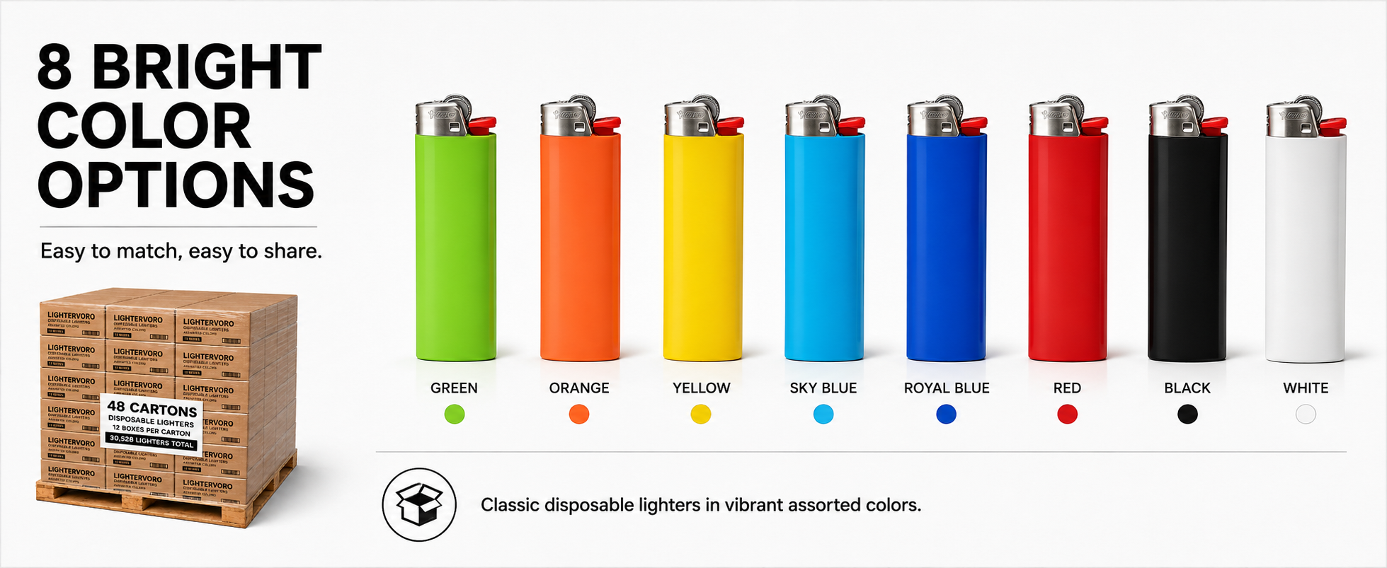LIGHTERVORO J6 disposable lighters in 8 bright assorted colors including green, orange, yellow, sky blue, royal blue, red, black and white