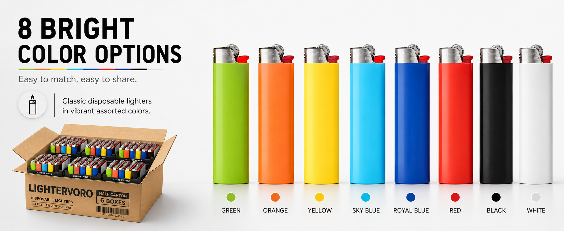 LIGHTERVORO J6 disposable lighters in 8 bright assorted colors including green, orange, yellow, sky blue, royal blue, red, black and white
