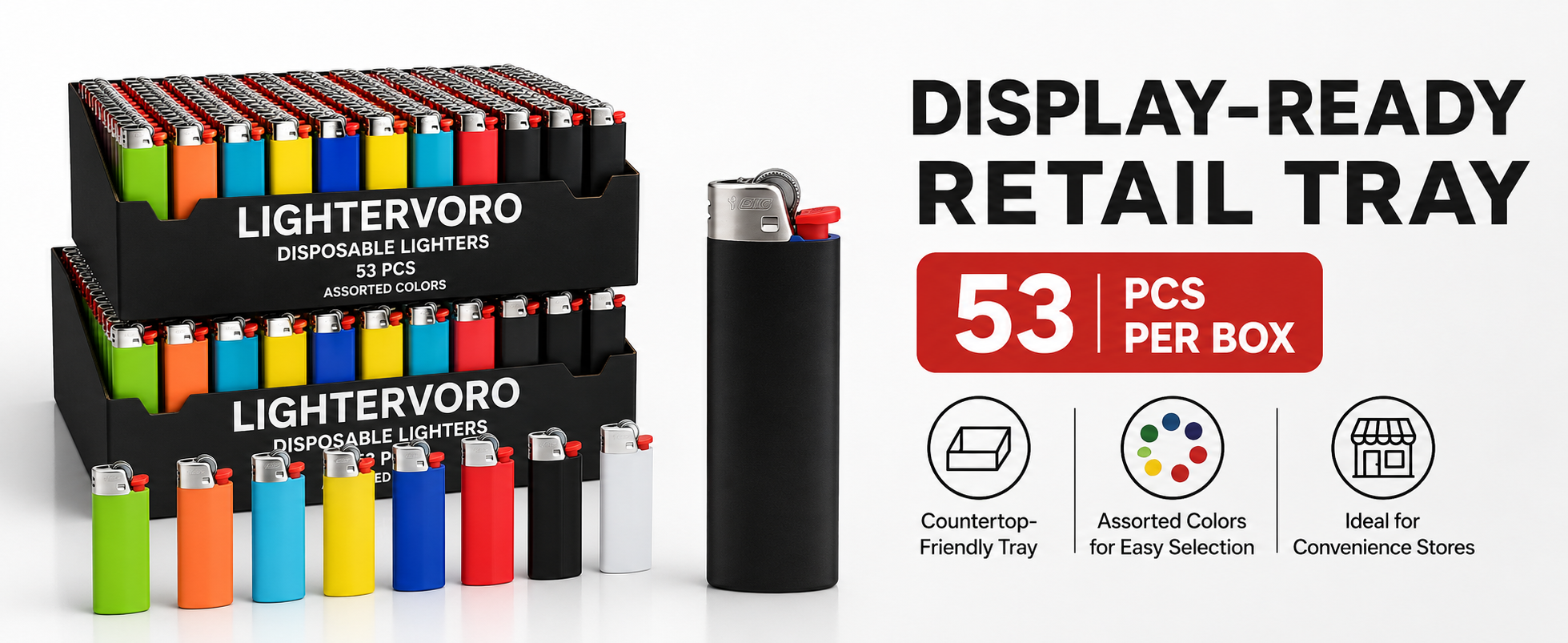 LIGHTERVORO J6 disposable lighters in display-ready retail trays with 53 pieces per box and assorted colors