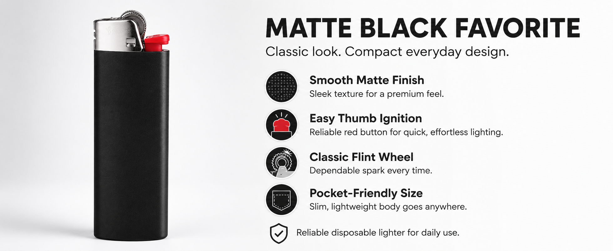 Matte black LIGHTERVORO J6 disposable lighter with smooth finish, easy thumb ignition and classic flint wheel