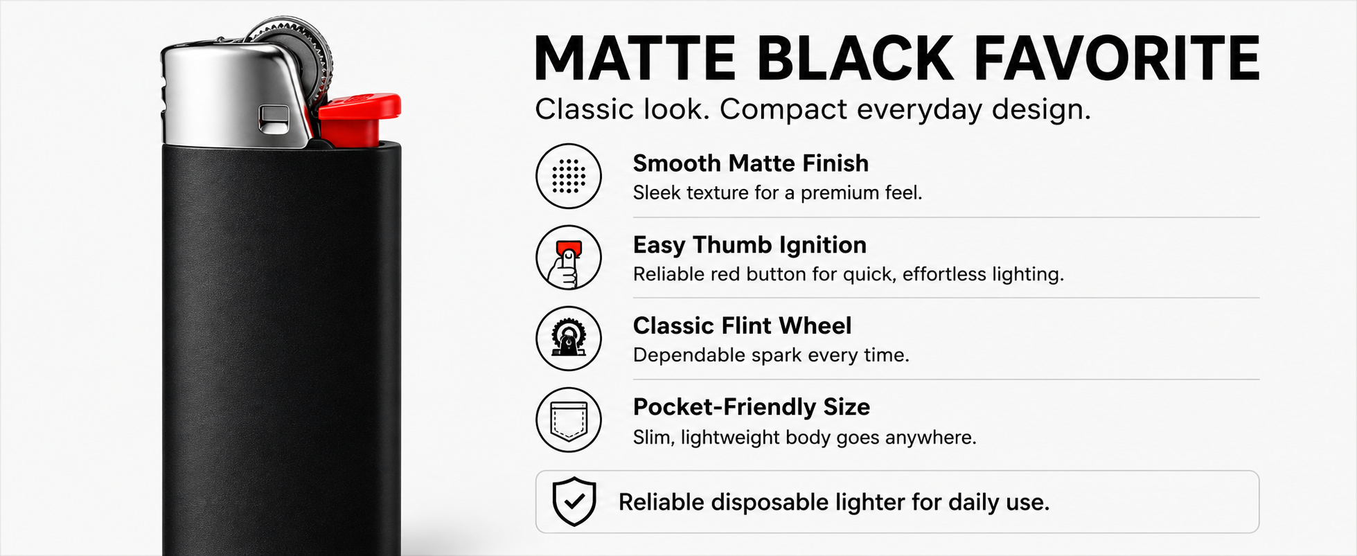 Matte black LIGHTERVORO J6 disposable lighter with smooth matte finish, easy thumb ignition, classic flint wheel and pocket-friendly size