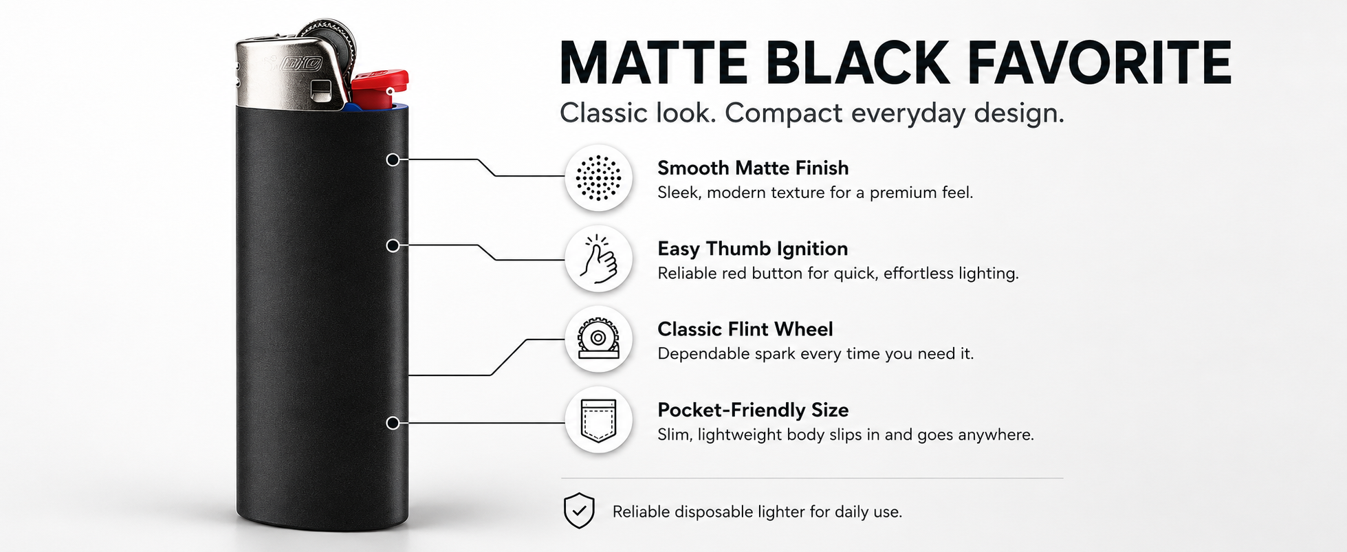 Matte black LIGHTERVORO J6 disposable lighter with smooth matte finish, easy thumb ignition, classic flint wheel and pocket-friendly size